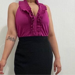 New York & Co. Women’s 2 Fuschia Halter Top V Neck Sleeveless Stretch Blouse